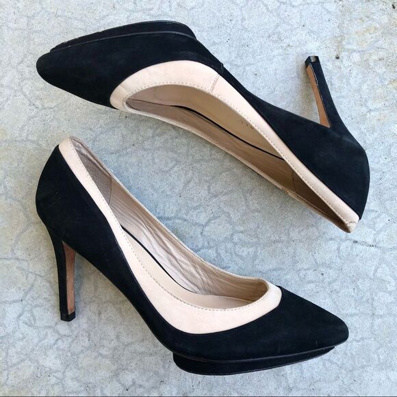 Loeffler Randall Aline black beige Demi platform pumps heels nubuck suede 6.5 - Picture 1 of 7